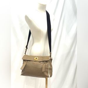 YSL Yves Saint Laurent Taupe Leather Messenger Shoulder Bag w/ Gold Slide Clasp